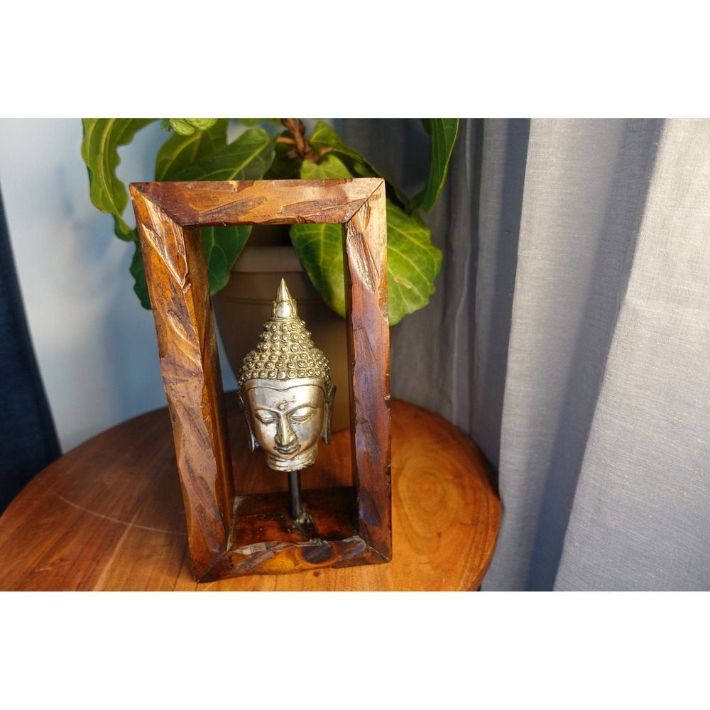 Buddha Head Statue in Wood Frame Asian Decor Sculpture Art - Picture 5 of 8